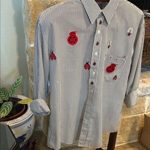 Stylish Black and White Striped Shirt with ladybug appliqué